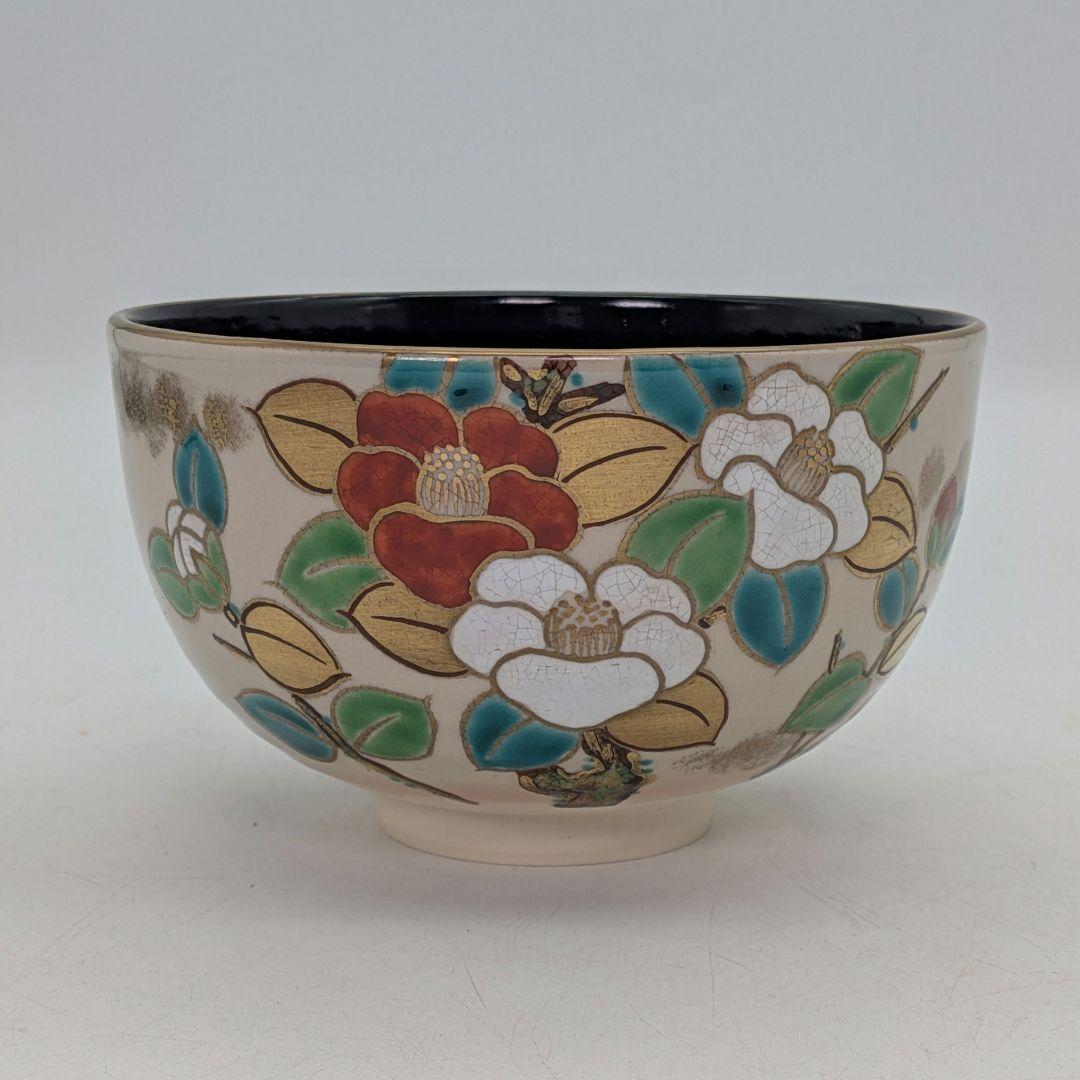 手塚景雲 京焼 色絵椿茶盌 共箱合布 清水焼 抹茶碗 抹茶茶碗 茶道具 茶器
