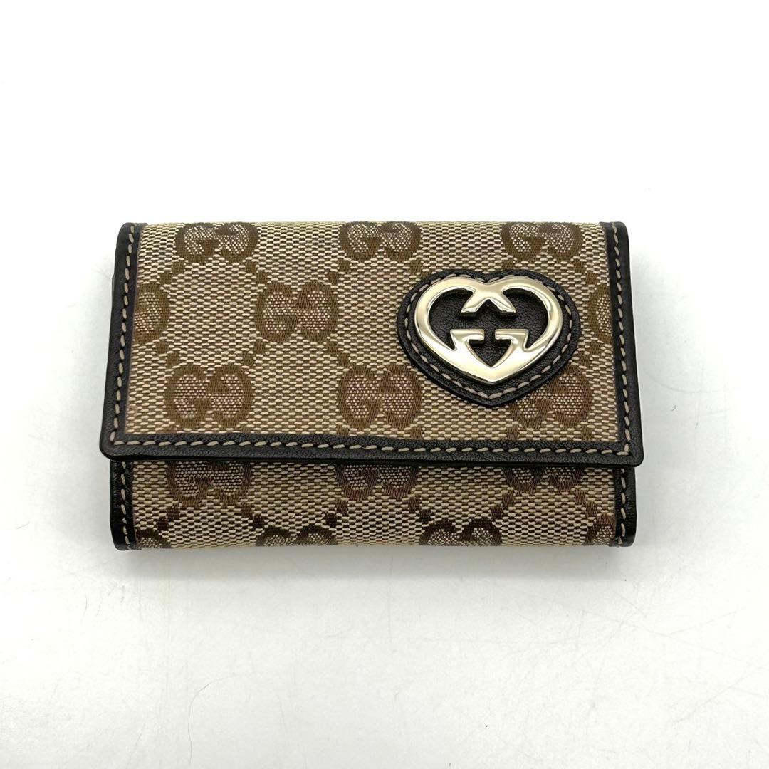 GUCCI キーケース GGキャンバス レザー ハート インターロッキング