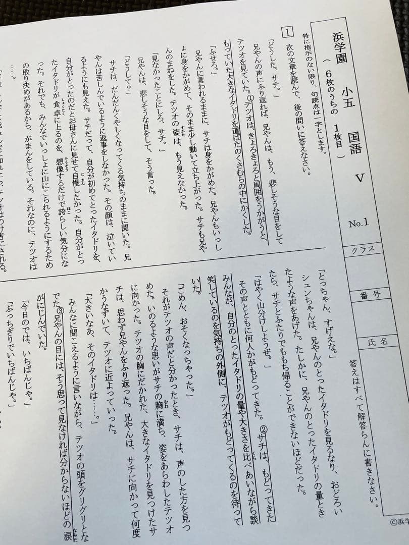 浜学園　2023年度　小5 復習テスト　Vクラス　算国理　　実力〜No.42