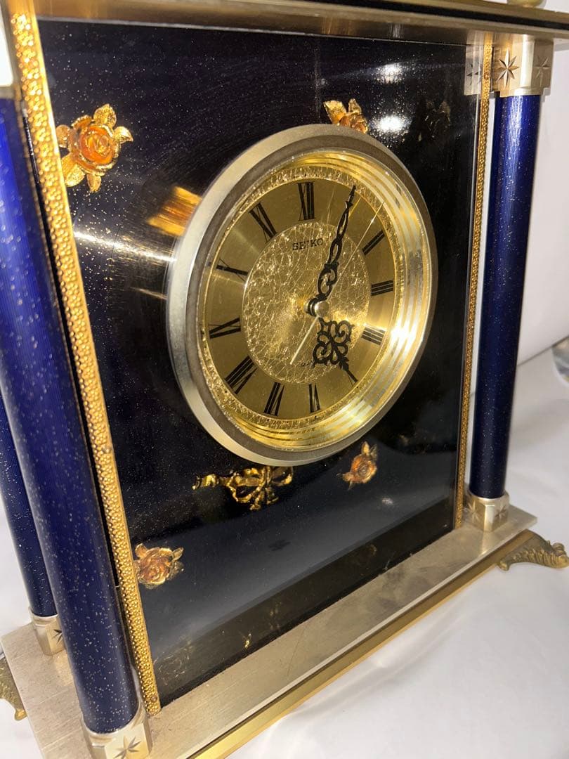 SEIKO セイコー 置時計 QW416G ネイビー 薔薇 高級 豪華　動作品私