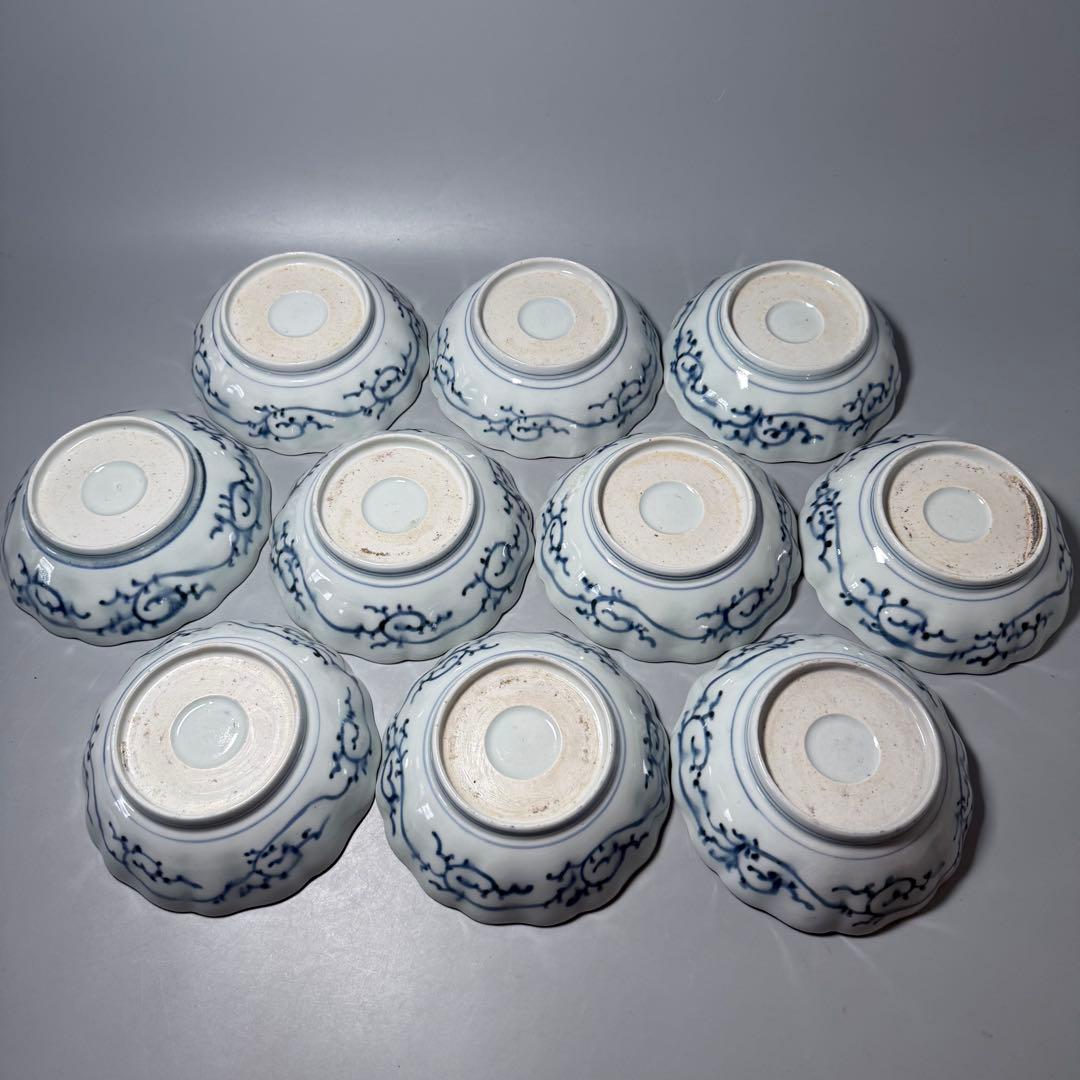 古伊万里　染付丸文様膾皿　十客　人物　裏唐草文　蛇目高台　料理屋　古器を楽しむ