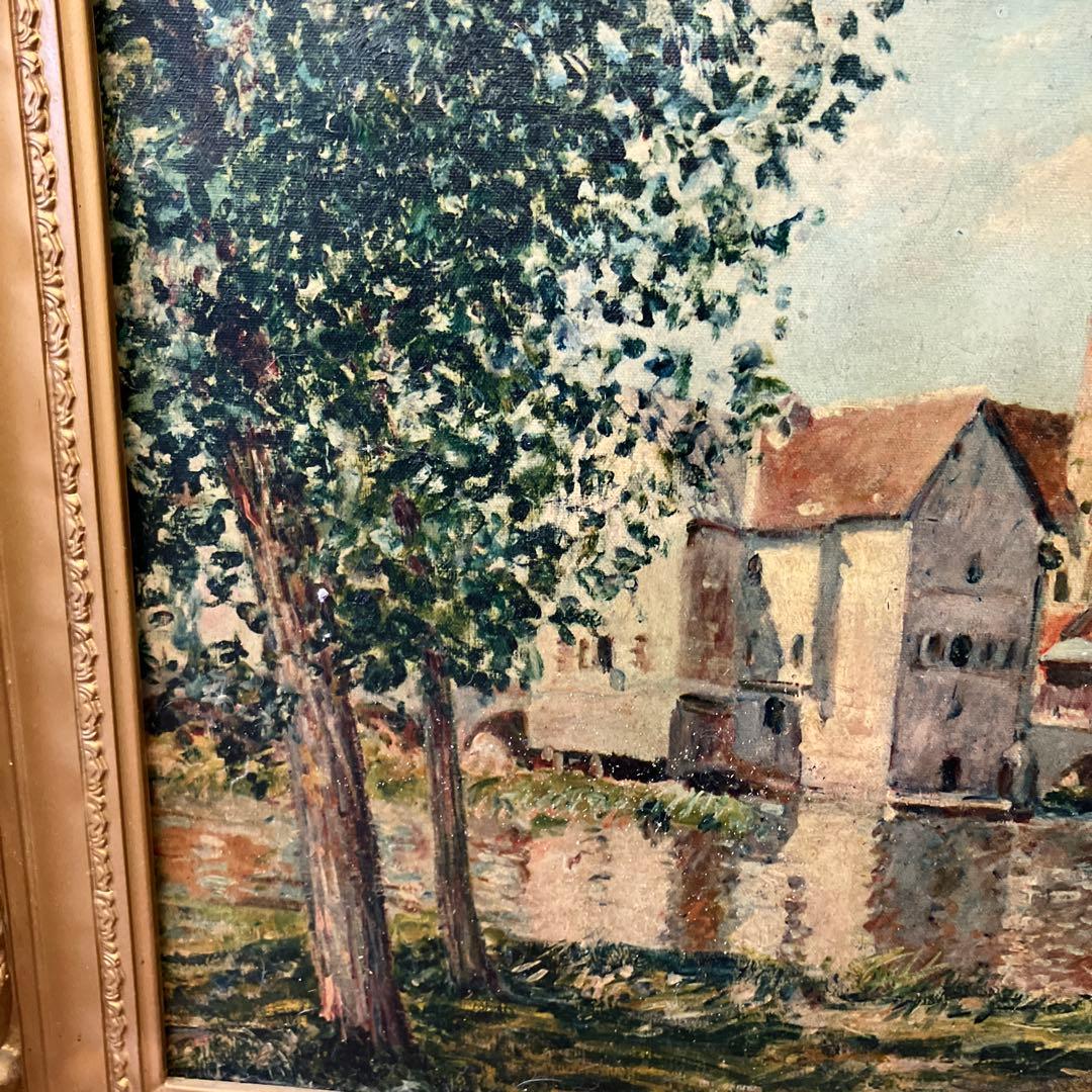 油彩画 川の風景 装飾フレーム付 ブリジストンタイヤ シスレー作 モレーの日の出