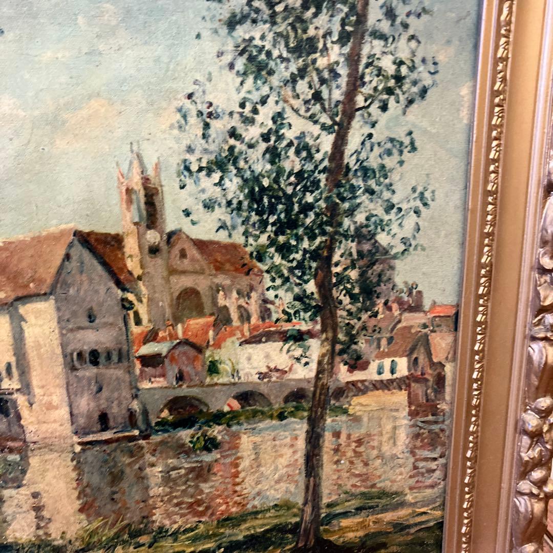 油彩画 川の風景 装飾フレーム付 ブリジストンタイヤ シスレー作 モレーの日の出