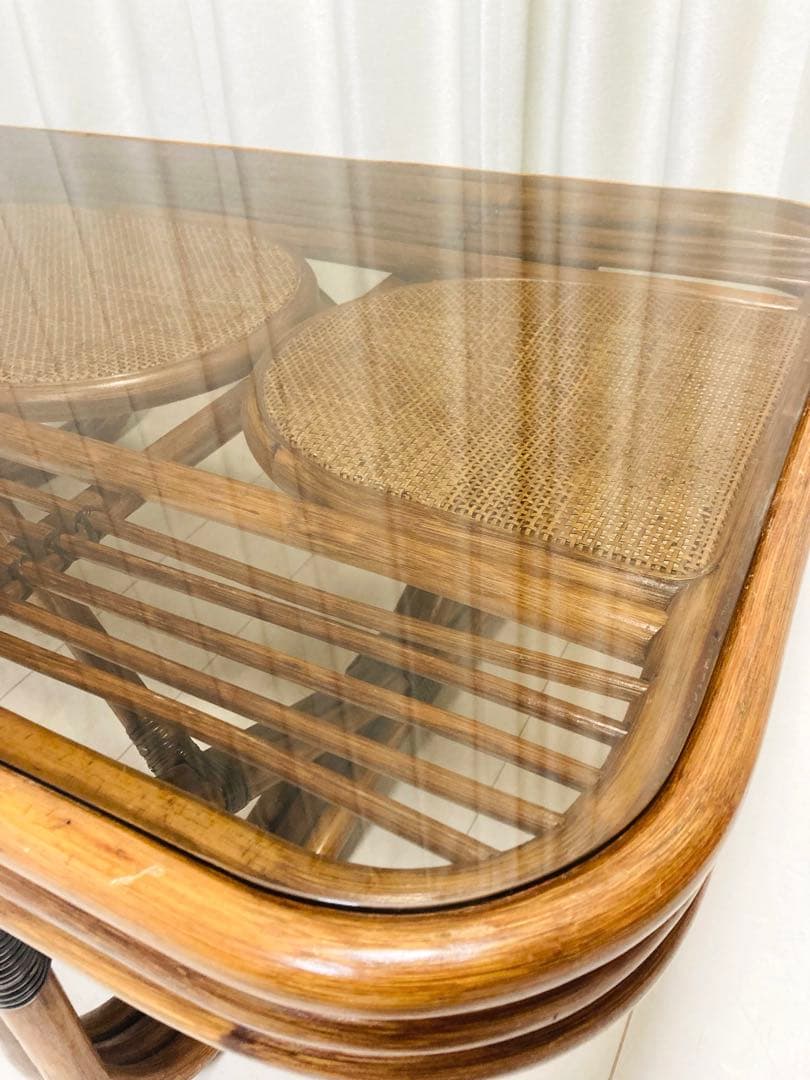 ラタンガラステーブル　藤　センターテーブル　ローテーブル　昭和レトロ