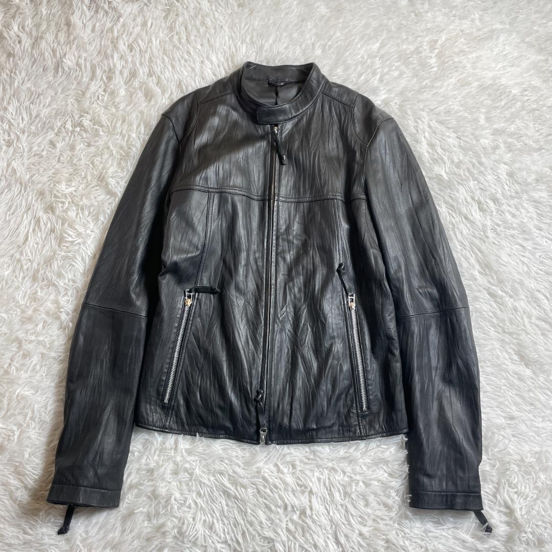 00s オールドユニクロ 羊革 シングルライダース ジャケット 黒 L 短丈