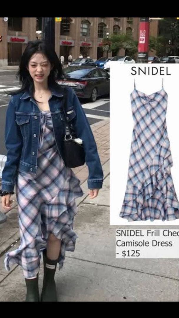 snidel スナイデル フリルチェックキャミソールワンピース ブルー系