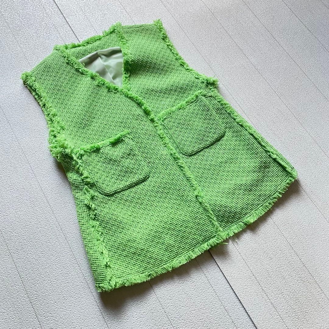 allureville ラスティックツイードフリンジジレ グリーン　2