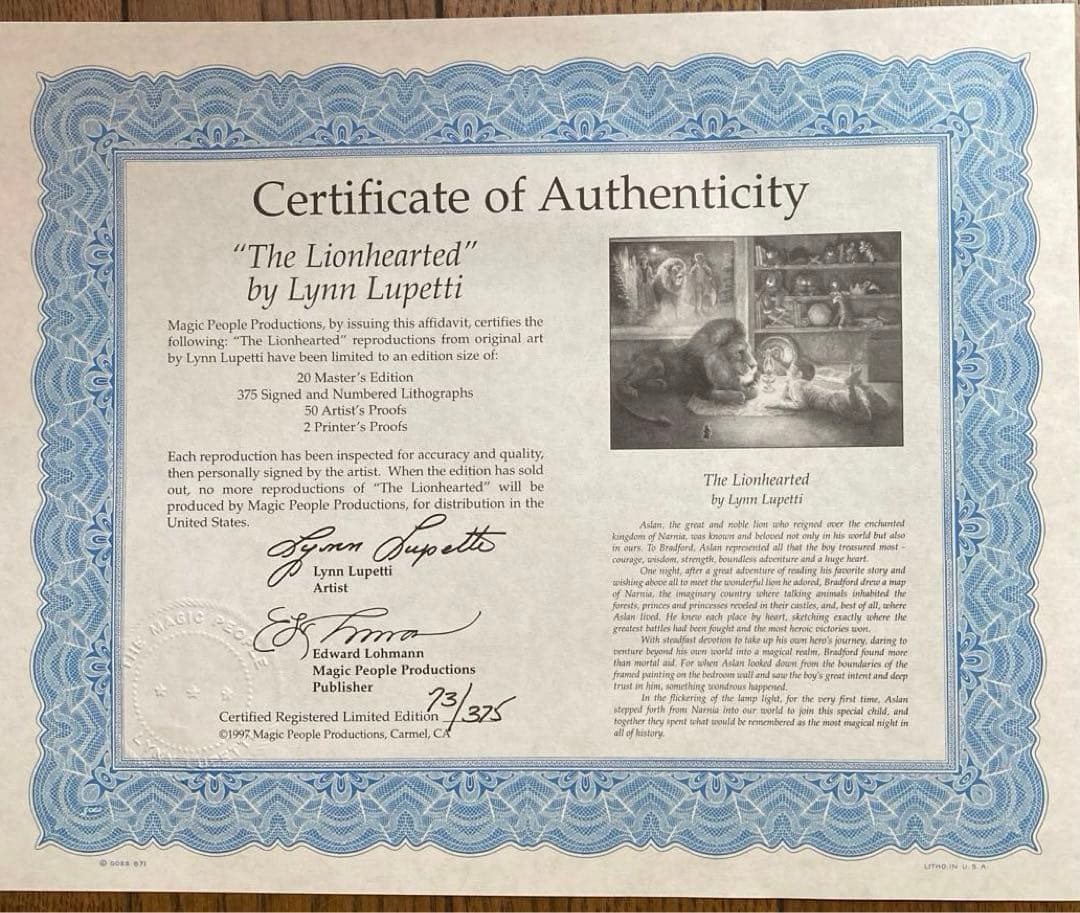 Lynn Lupettiリトグラフ ライオンハート ナルニア国　COA認定書付き
