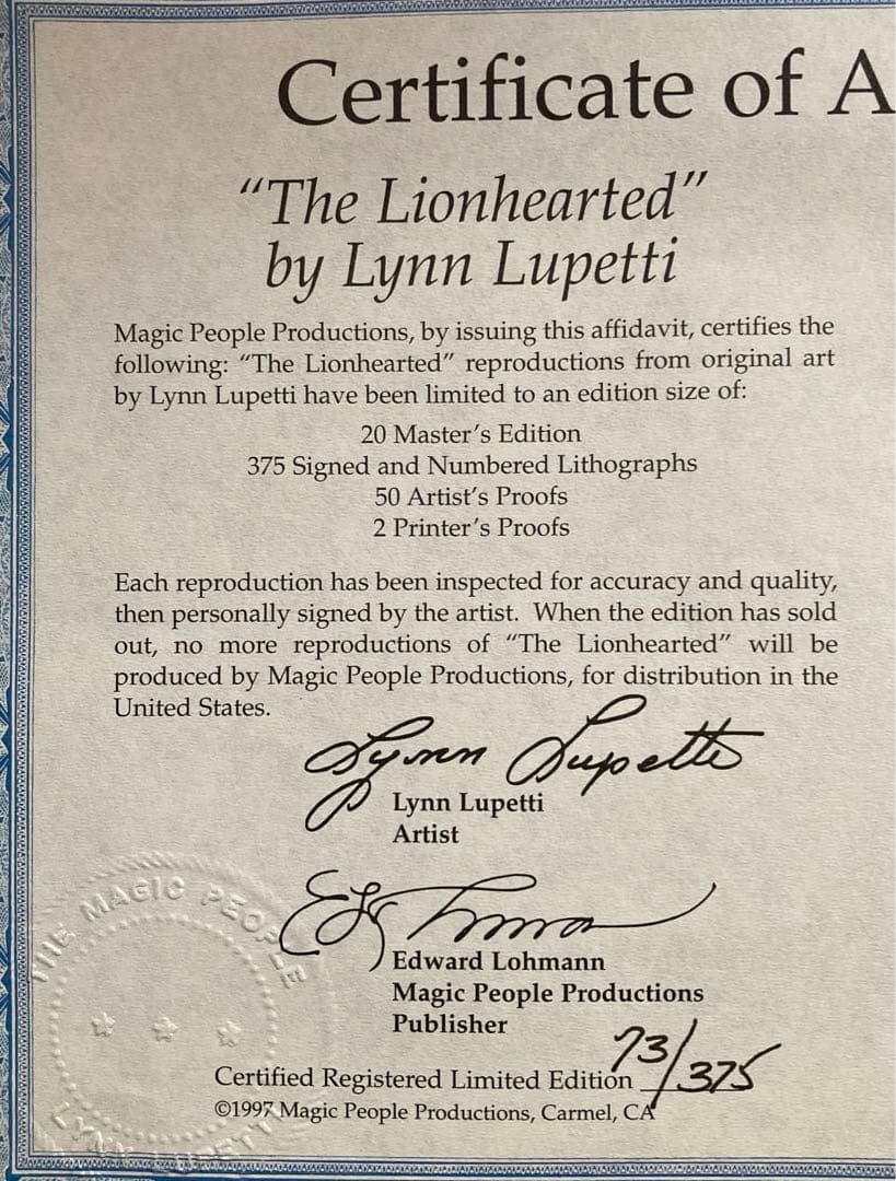 Lynn Lupettiリトグラフ ライオンハート ナルニア国　COA認定書付き