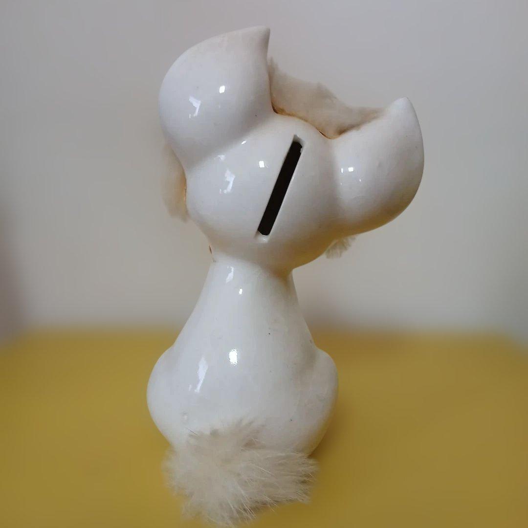 昭和レトロ　陶器製　ネコ　ファー付き　貯金箱　置物　大