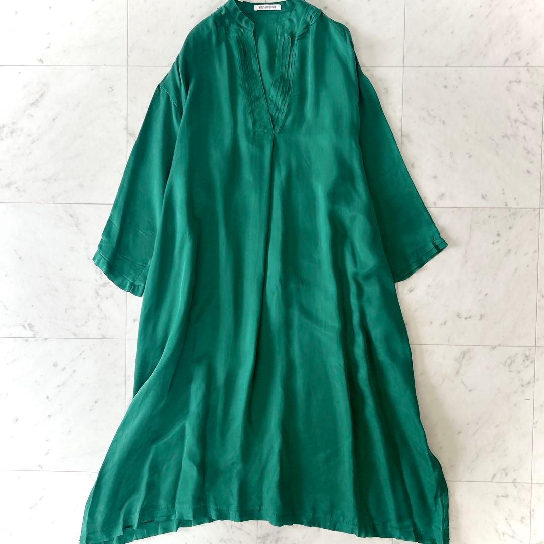美品 ハウスオブロータス 洗える キーネック ロングワンピース グリーン M