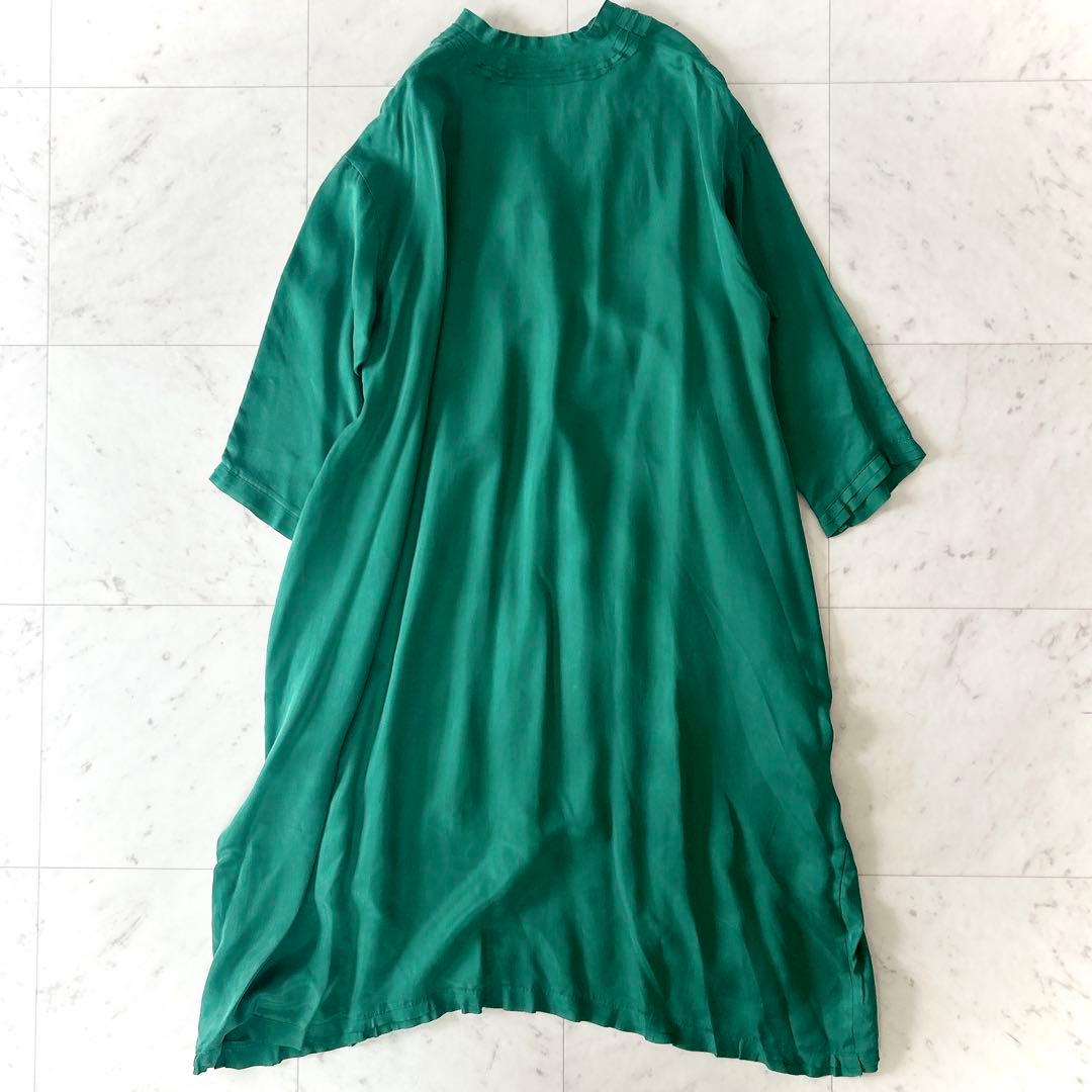 美品 ハウスオブロータス 洗える キーネック ロングワンピース グリーン M