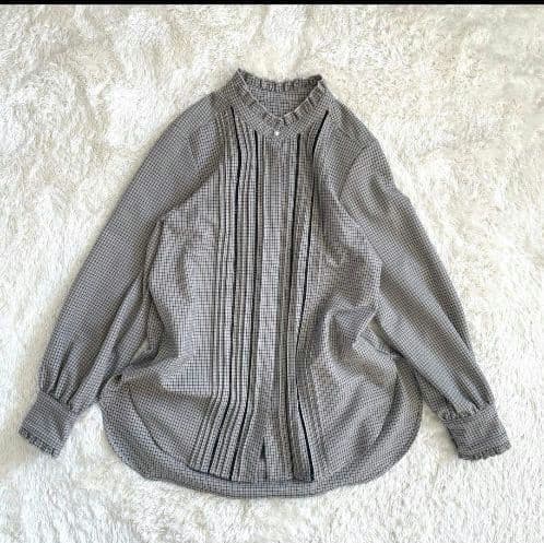 美品 SHIPS 配色チェックレースピンタックブラウスF