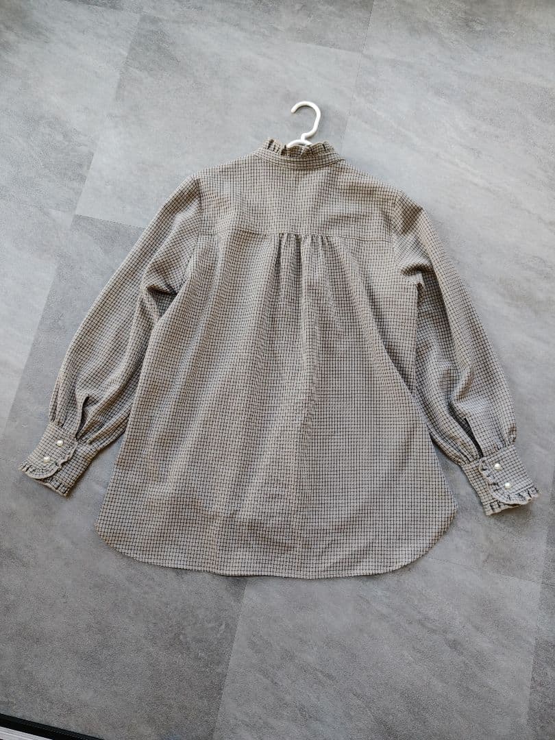 美品 SHIPS 配色チェックレースピンタックブラウスF