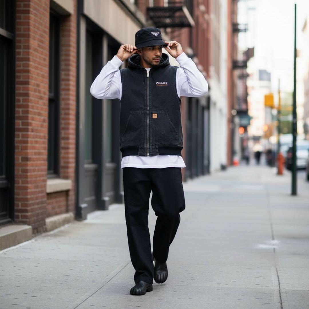 【p9】00s Carhartt ダックフーデッドベスト ブラック メキシコ製
