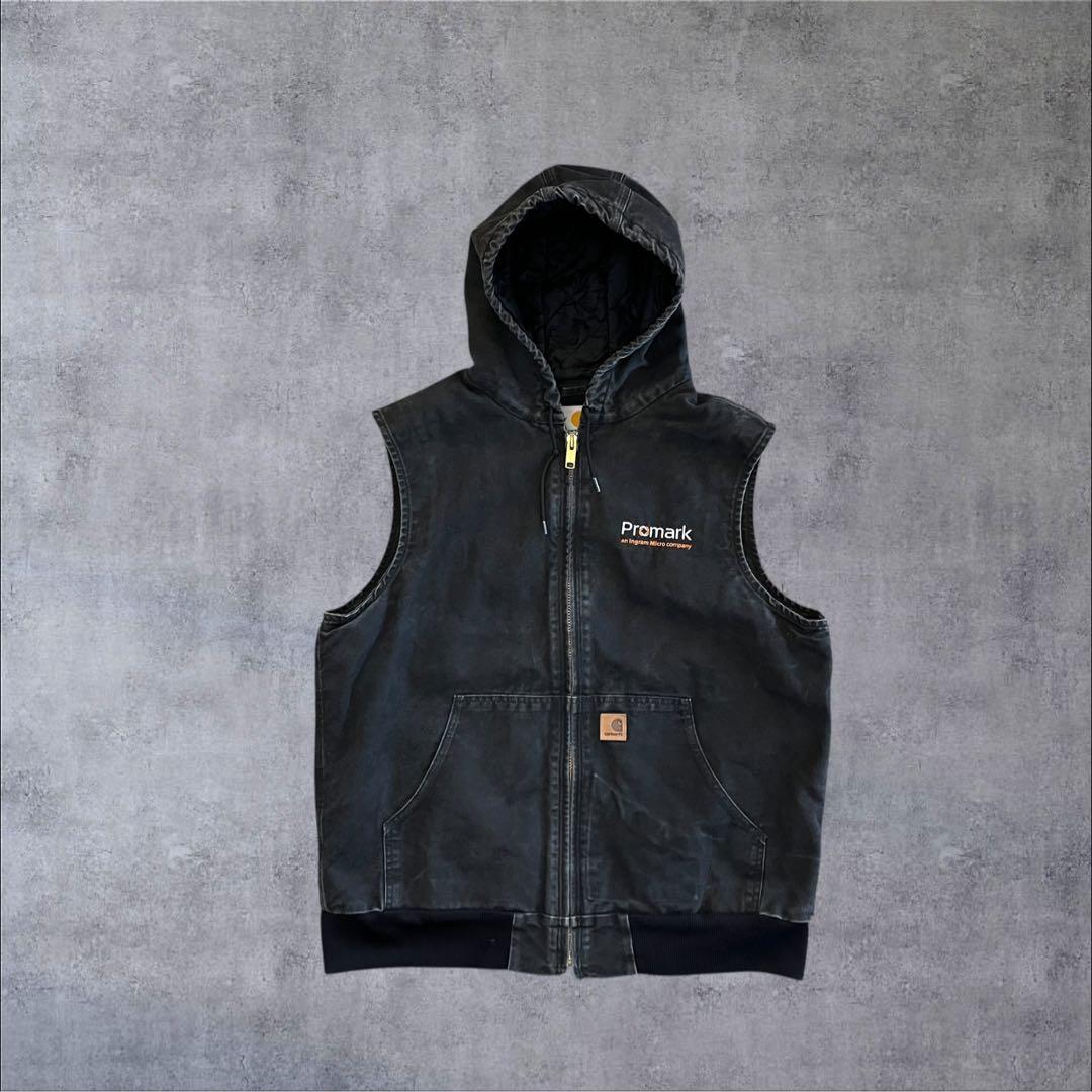 【p9】00s Carhartt ダックフーデッドベスト ブラック メキシコ製