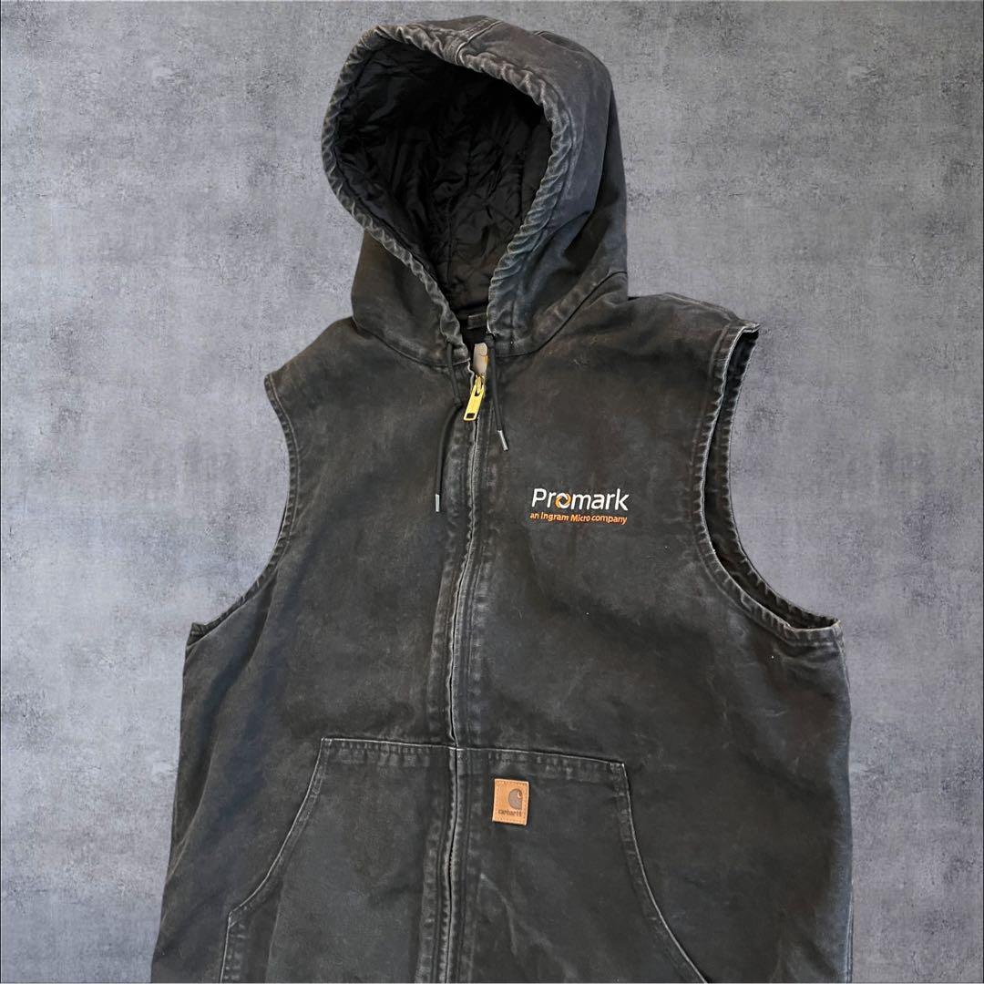 【p9】00s Carhartt ダックフーデッドベスト ブラック メキシコ製