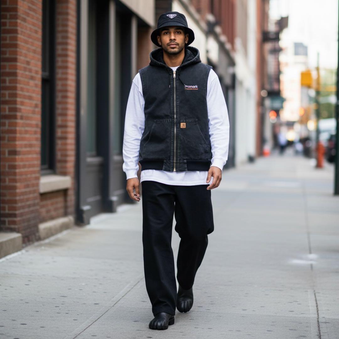 【p9】00s Carhartt ダックフーデッドベスト ブラック メキシコ製