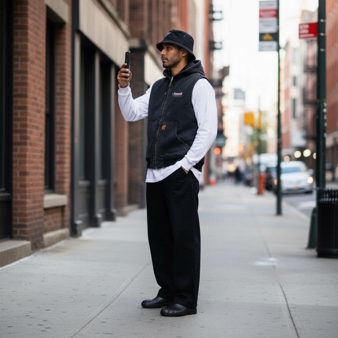 【p9】00s Carhartt ダックフーデッドベスト ブラック メキシコ製