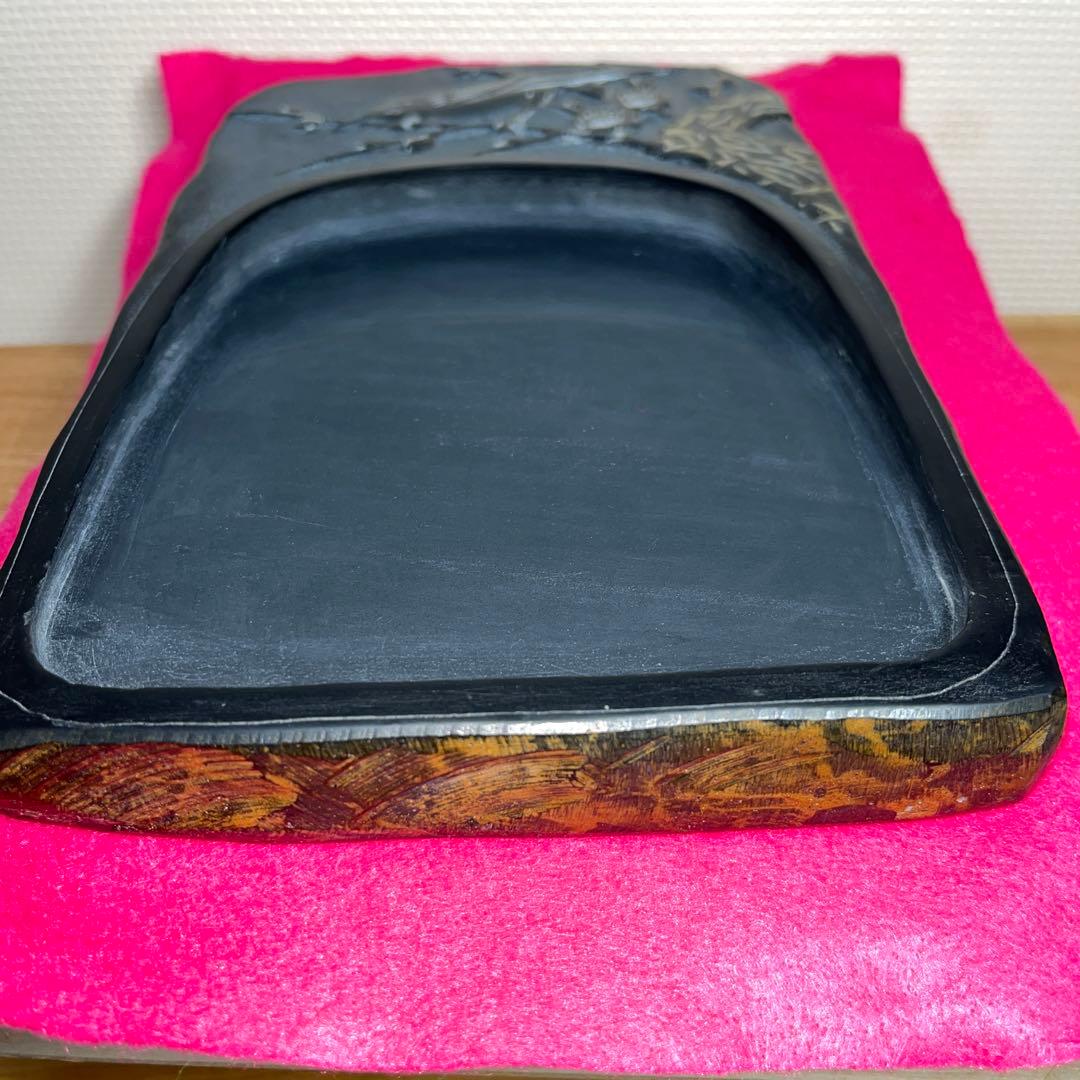⭕️大型雄勝硯　目出度い　鶯と梅花彫刻　名工　遠藤盛行　23cm超え