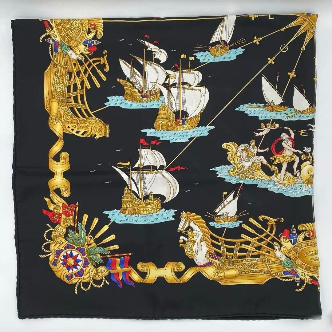 エルメス カレ90 VOILES DE LUMIERE 光の帆船 スカーフ 黒色