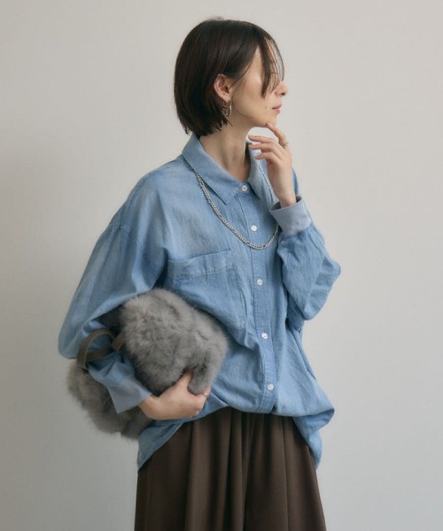 Dignite Collier 袖リブシアーデニムスナップボタン付シャツ