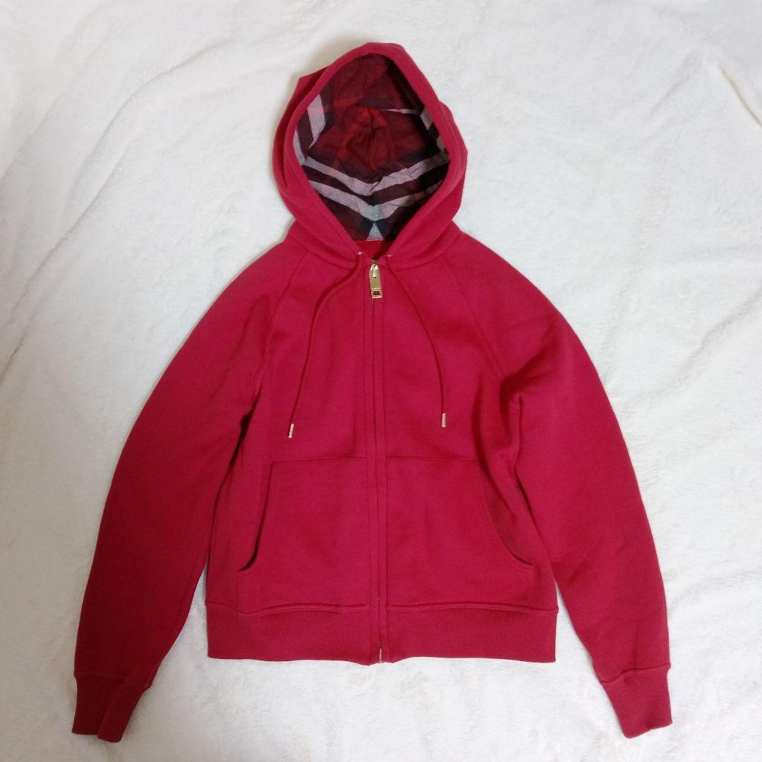 【美品】BURBERRY　メガ ノバチェック 赤 フード付きパーカー S 金