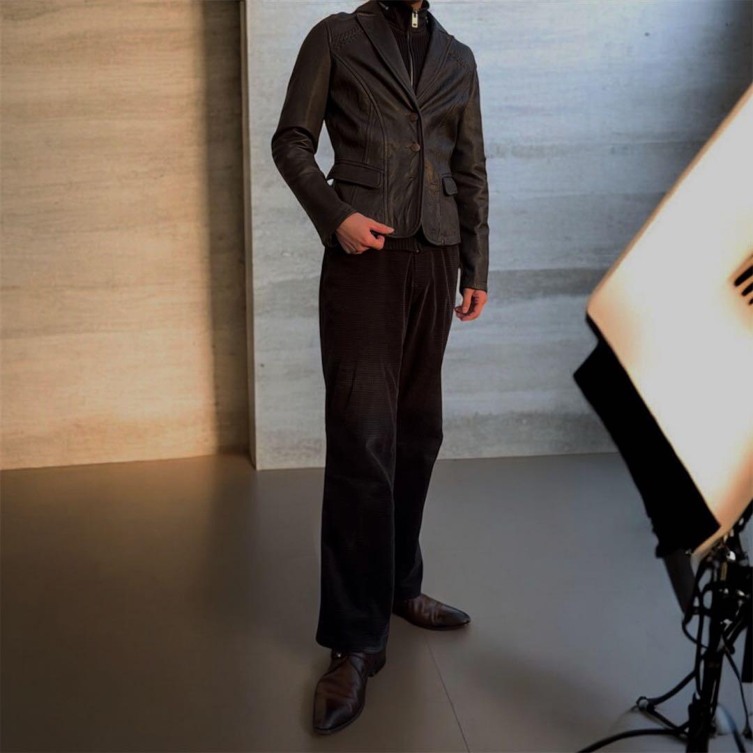 ARMANI archive 短丈 レザー テーラードジャケット ダークウェア