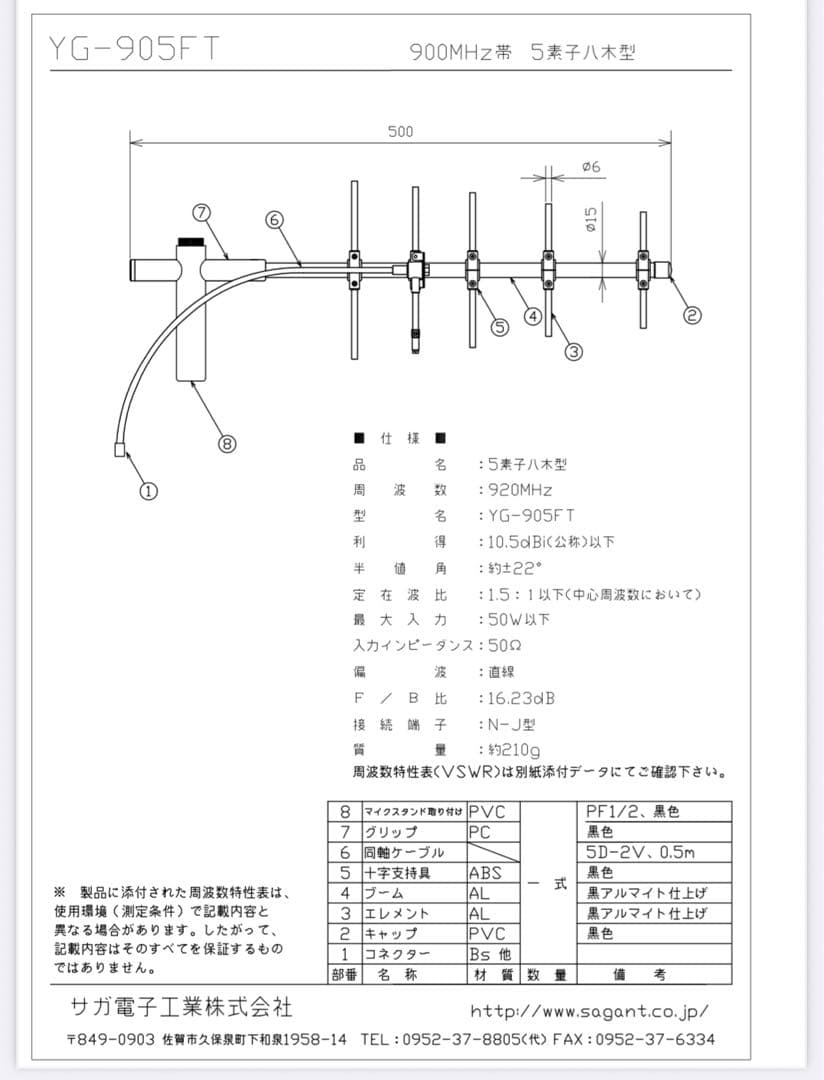 新品 サガ電子 YG-905FT(SMA) 920MHz帯用5素子 八木アンテナ
