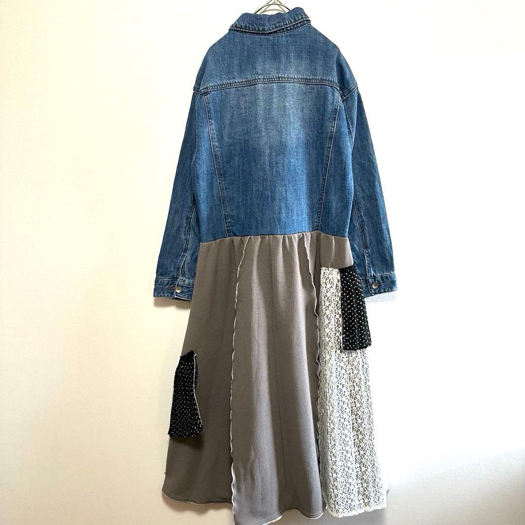 ゆったりめM相当/リメイクデニムワンピース/メロウ加工/再構築/ロング丈