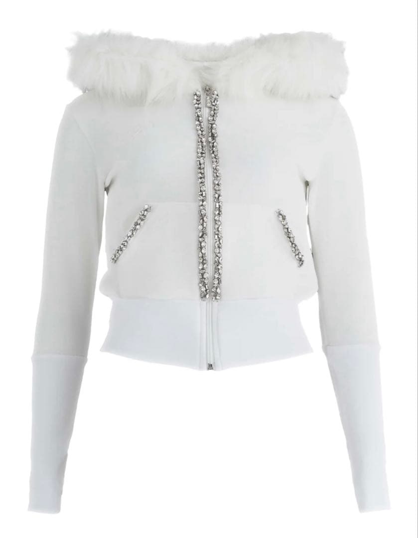 トップス White Glam fur velour hood zip up
