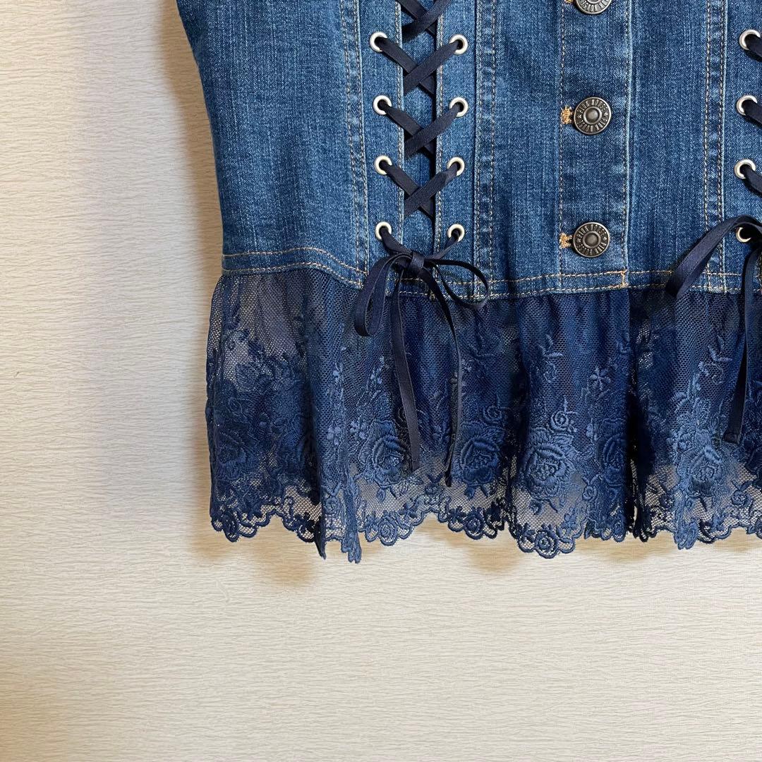 ピンクハウス PINKHOUSE デニムベスト ブルー レース 花柄 刺繍
