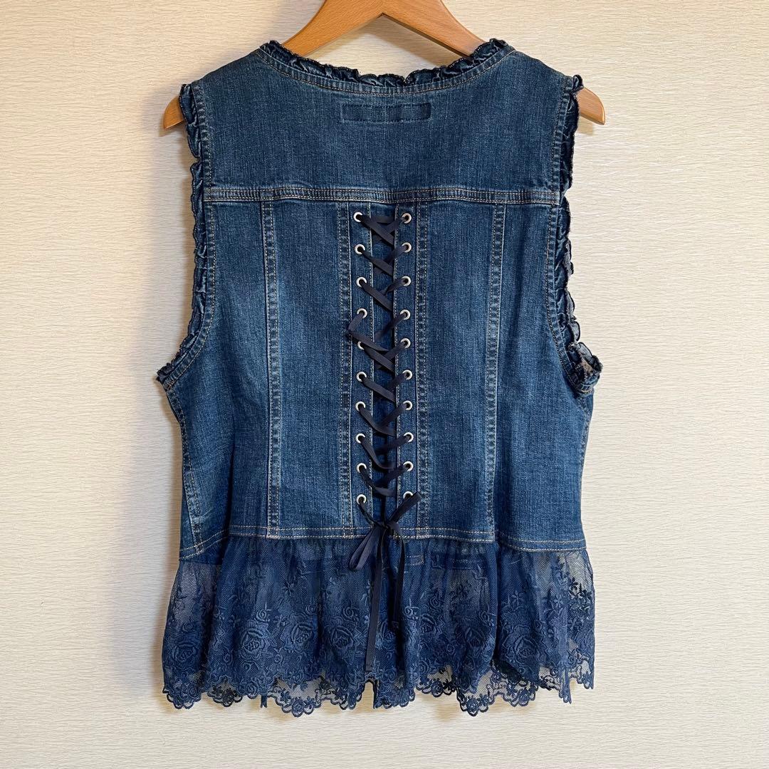 ピンクハウス PINKHOUSE デニムベスト ブルー レース 花柄 刺繍
