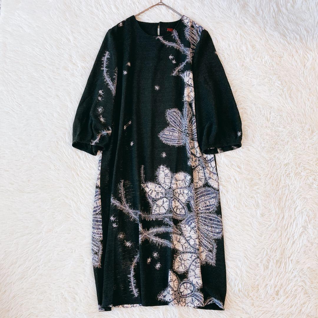 シセンドウ ワンピース 花柄 七分袖 黒 フラワープリント ゆったり 上品