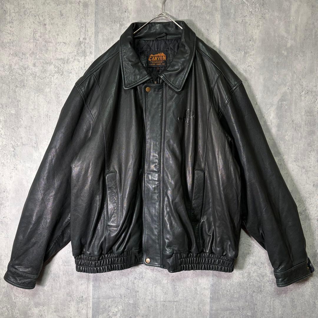極上 レザー ジャケット ロゴエンボス 黒 本革 肩パッドなし