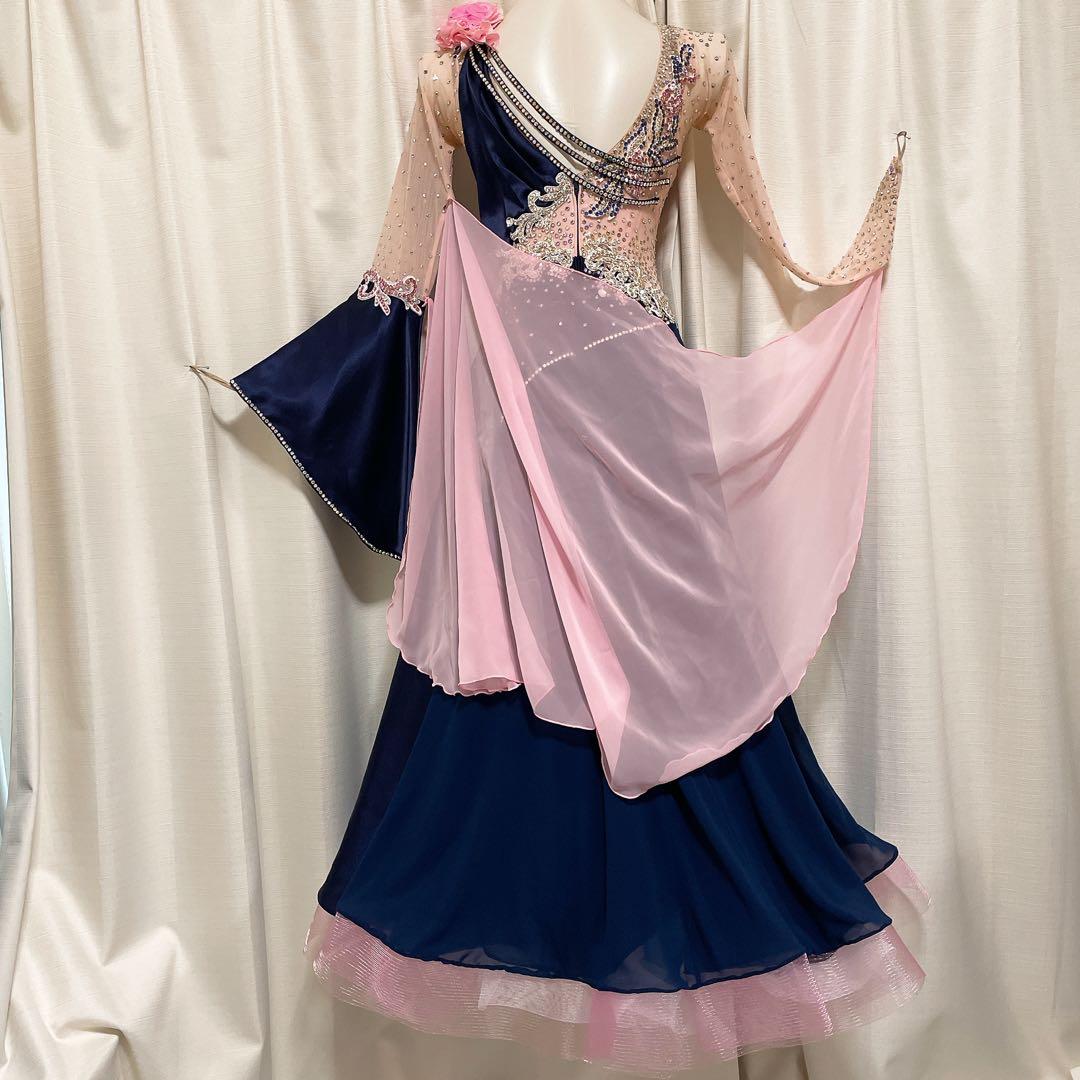 社交ダンスドレス スタンダードドレス ネイビー×ピンク デモ　パーティー　競技