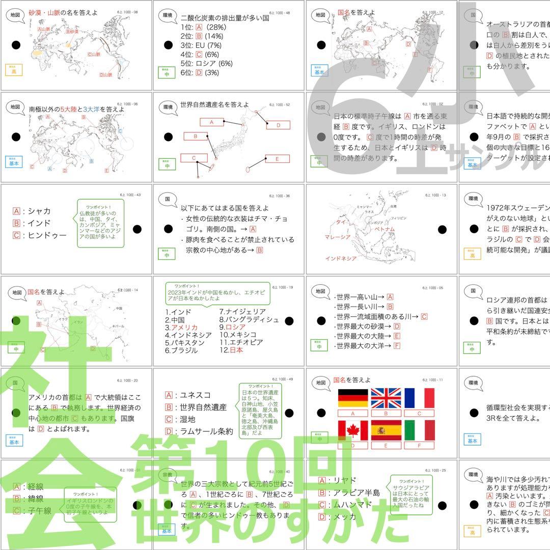 中学受験 暗記カード【6年上 社会・理科 10-17回】予習シリーズ 組分け