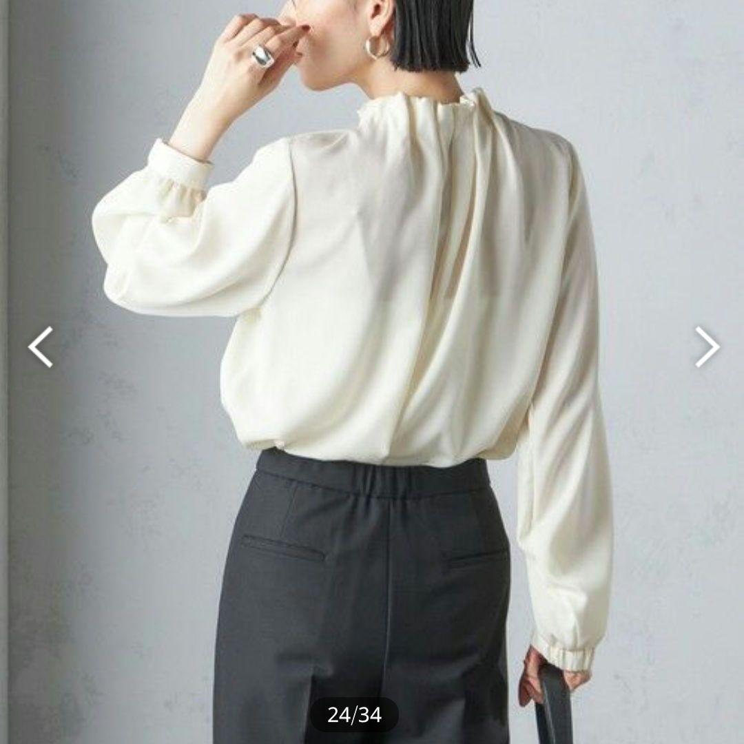 早い者勝ち【美品】SHIPS ネック ギャザー ソリッド 起毛 サテン ブラウス