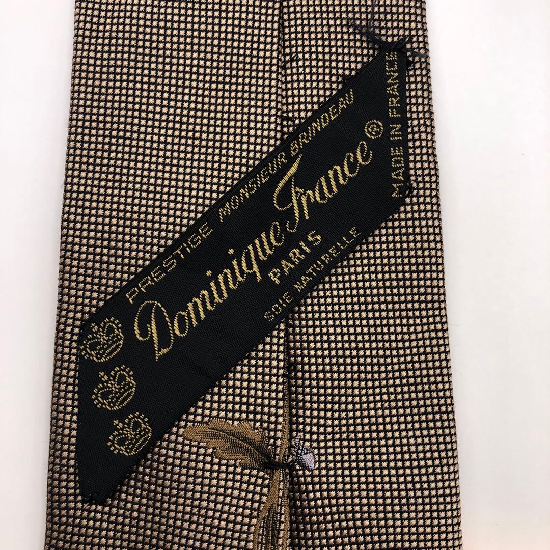【美品】Dominique France ネクタイ チェック 植物柄 ブラウン