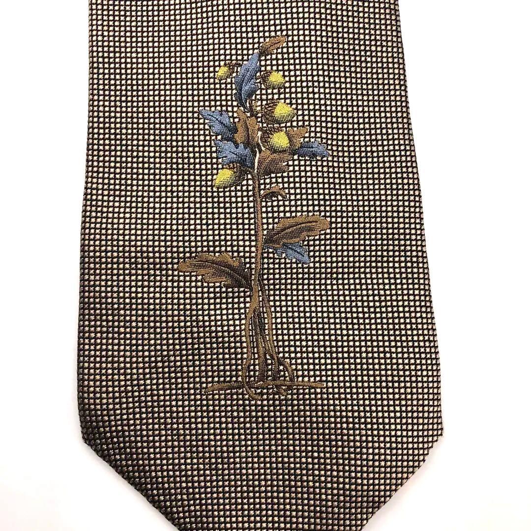 【美品】Dominique France ネクタイ チェック 植物柄 ブラウン