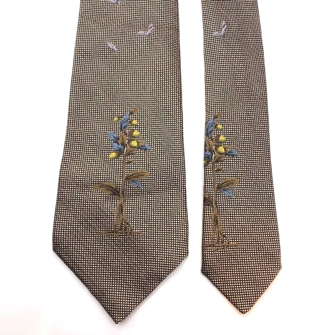 【美品】Dominique France ネクタイ チェック 植物柄 ブラウン