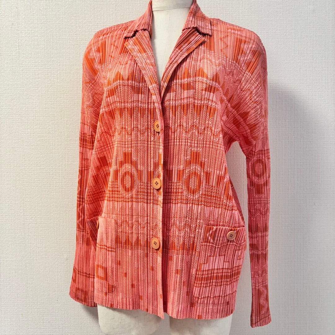 美品◇PLEATS PLEASE◇幾何学ジャガードメッシュジャケット◇ピンク◇4