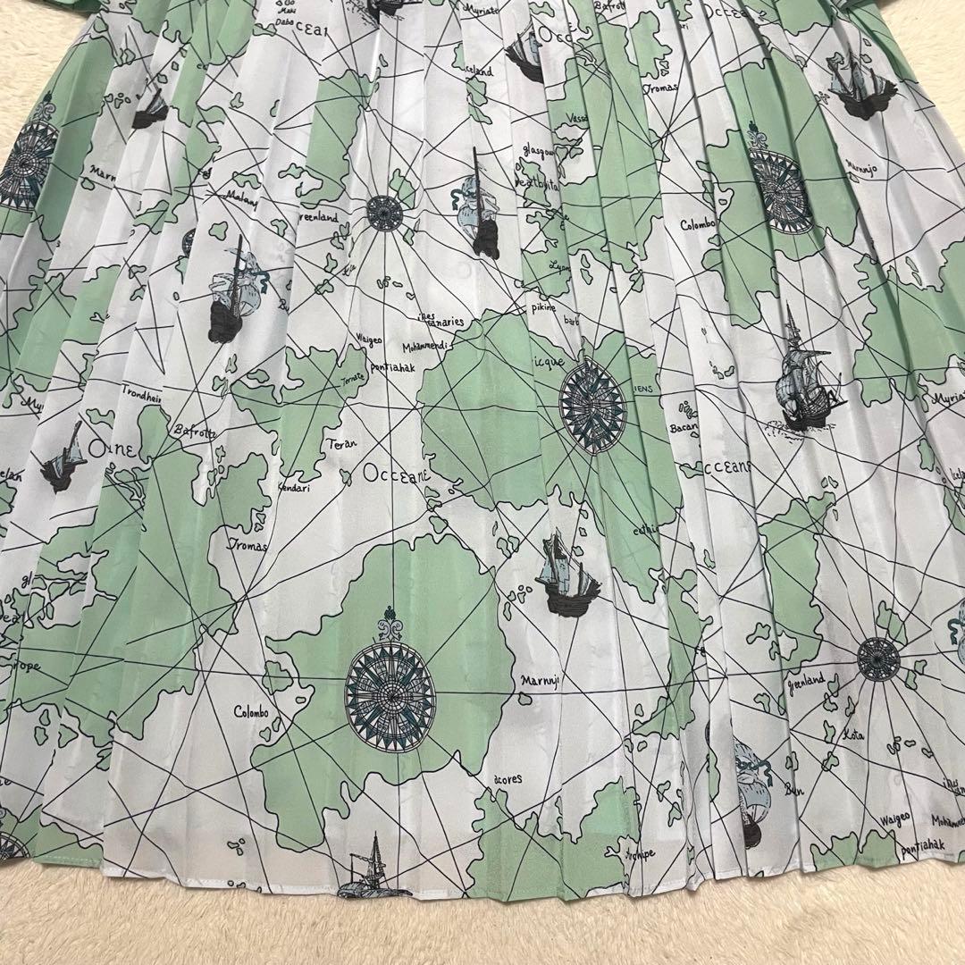 極美品✨ダイアグラム　マッププリントシャツワンピース　グリーン　ベルト付き　38