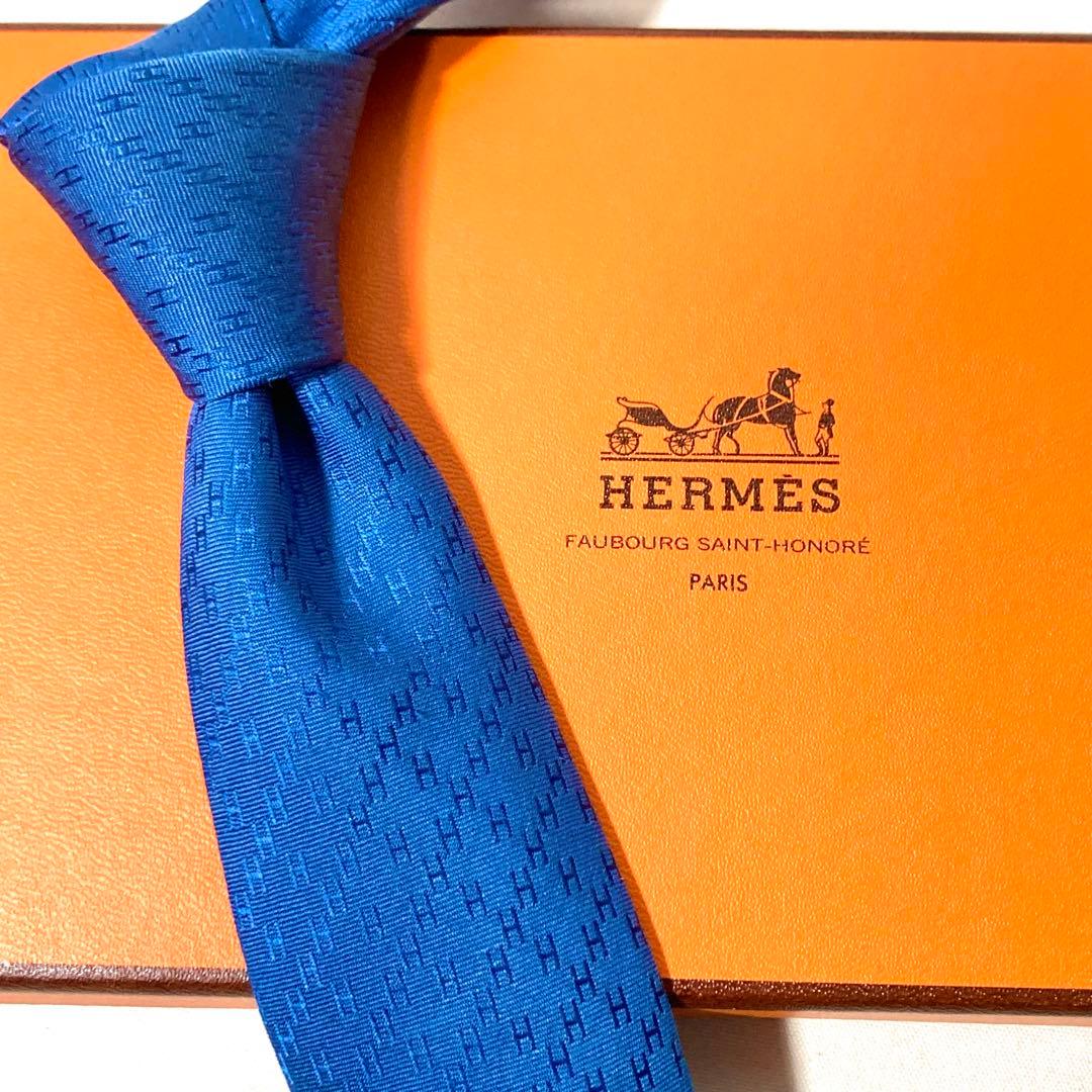 HERMES エルメス ファソネ ジャガード シルク100% ネクタイ ブルー