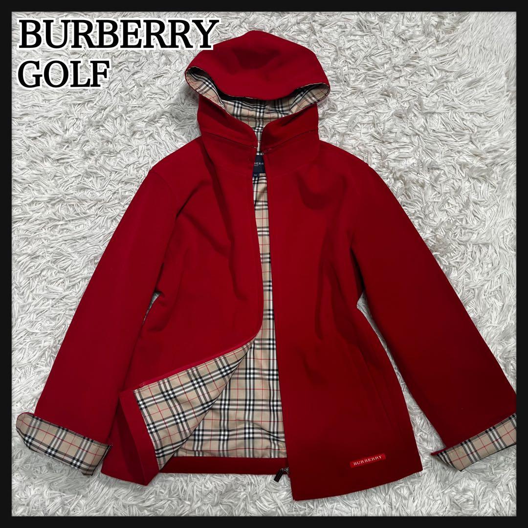 【美品】バーバリー　ゴルフ パーカー　フーデット　ノバチェック　M レッド　赤