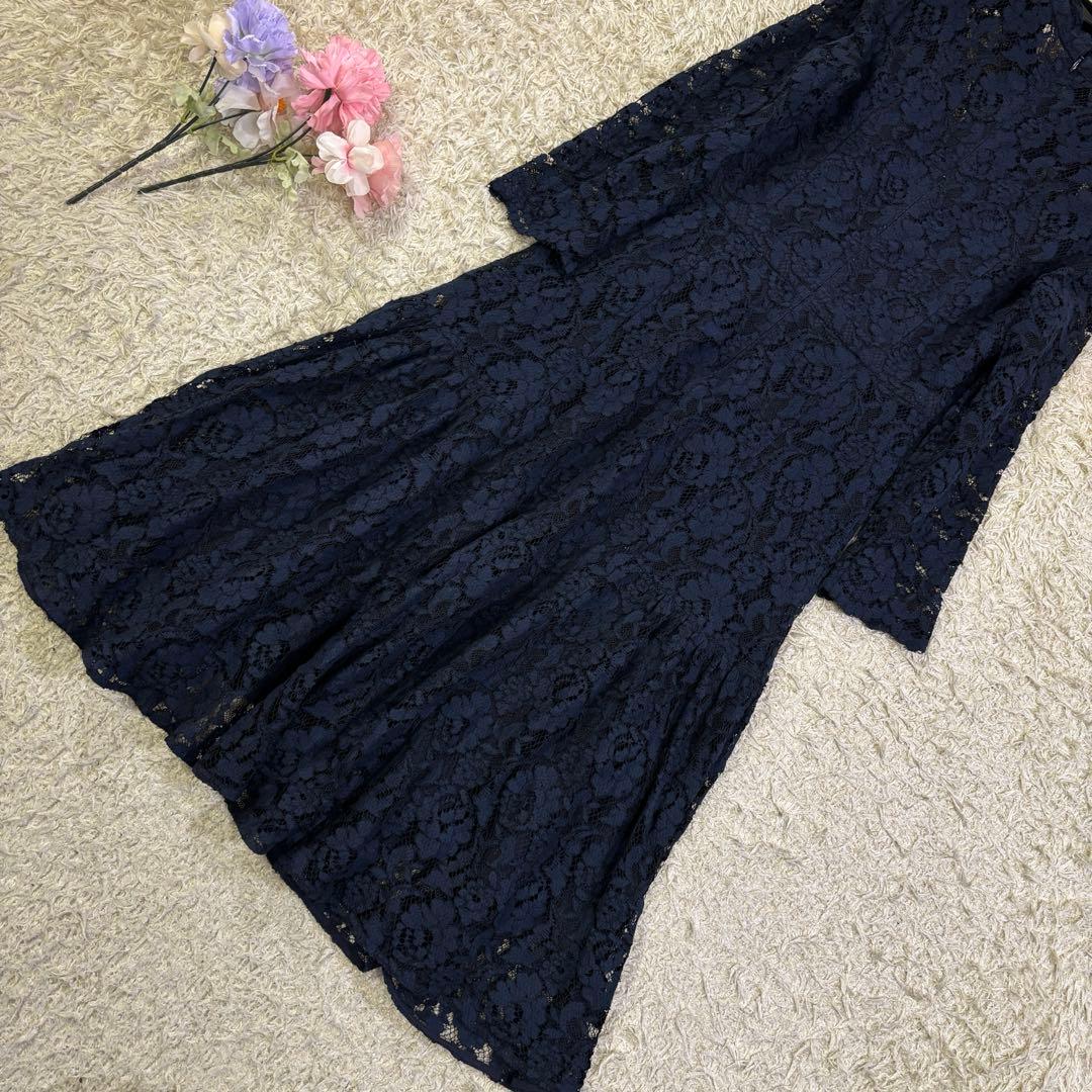 セルフォード　花柄　総レース　刺繍　ボウタイリボン　フレア　ロングワンピース