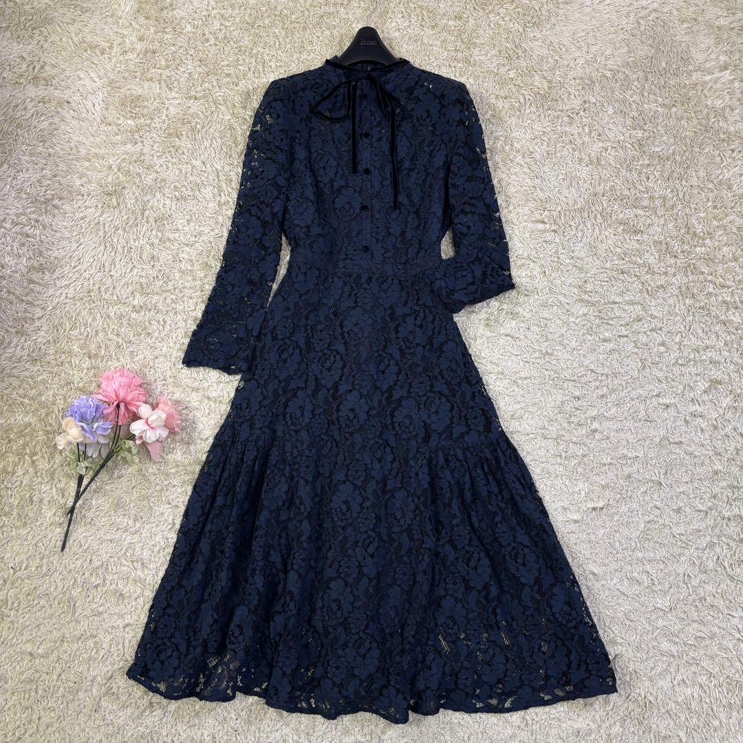セルフォード　花柄　総レース　刺繍　ボウタイリボン　フレア　ロングワンピース