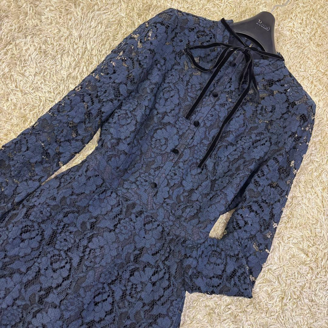 セルフォード　花柄　総レース　刺繍　ボウタイリボン　フレア　ロングワンピース