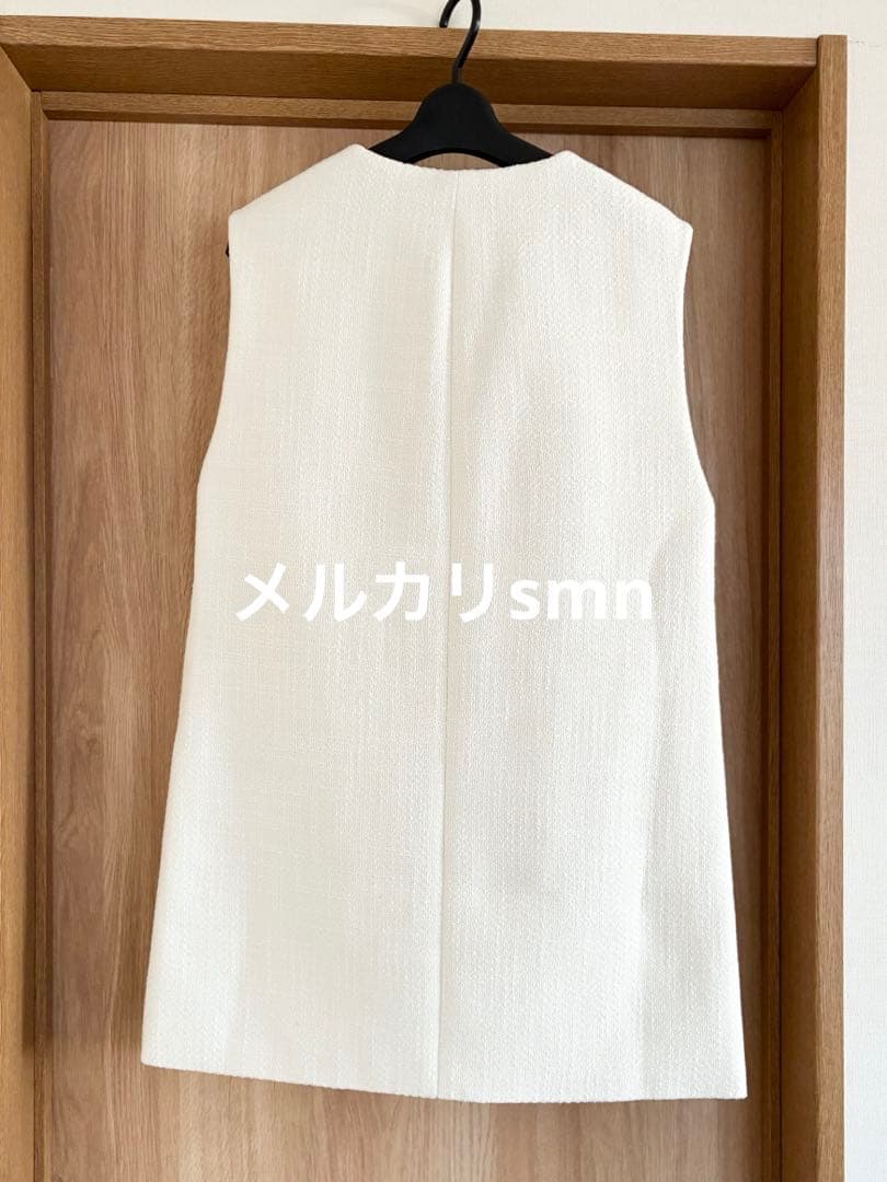 celford フリルパールネックロングジレ ホワイト　ツイード