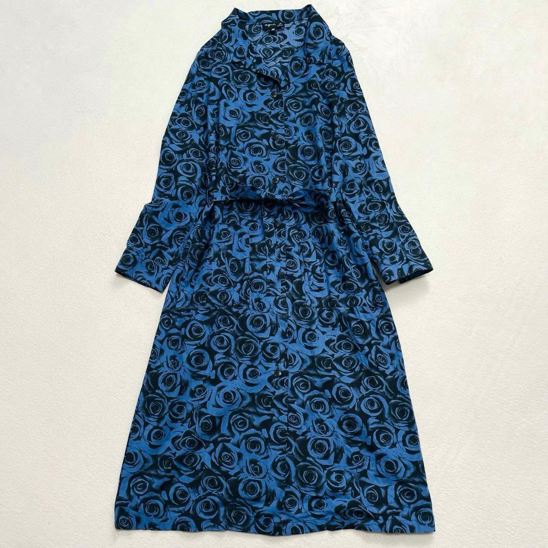 アニエスベー ローズプリントロングシャツワンピース ベルテッド 38 開襟